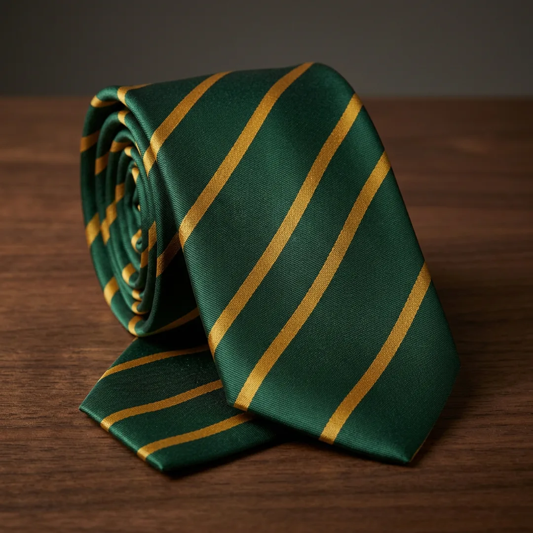 Forest green and gold diagonal varsity stripe necktie