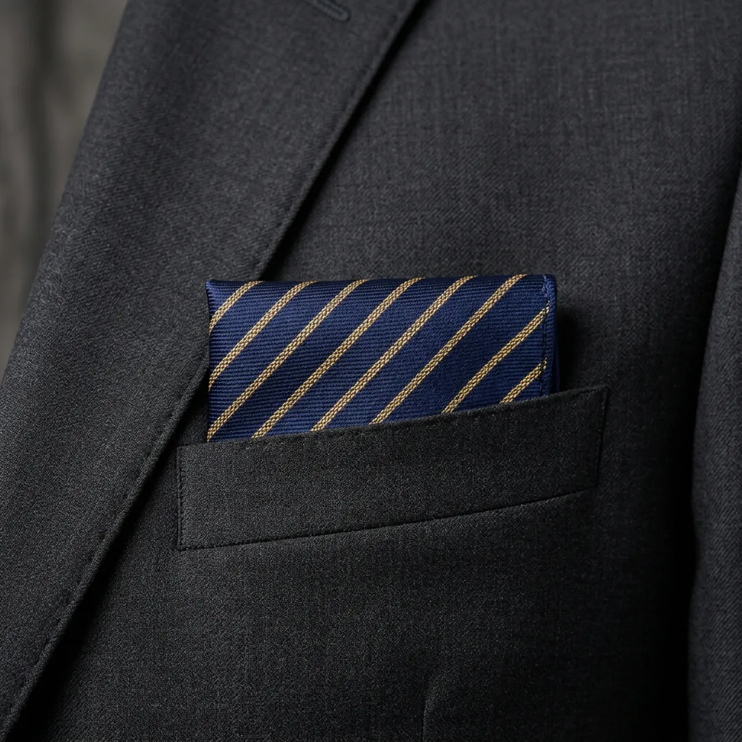 Deep navy and gold diagonal stripe pocket square in suit pocket
