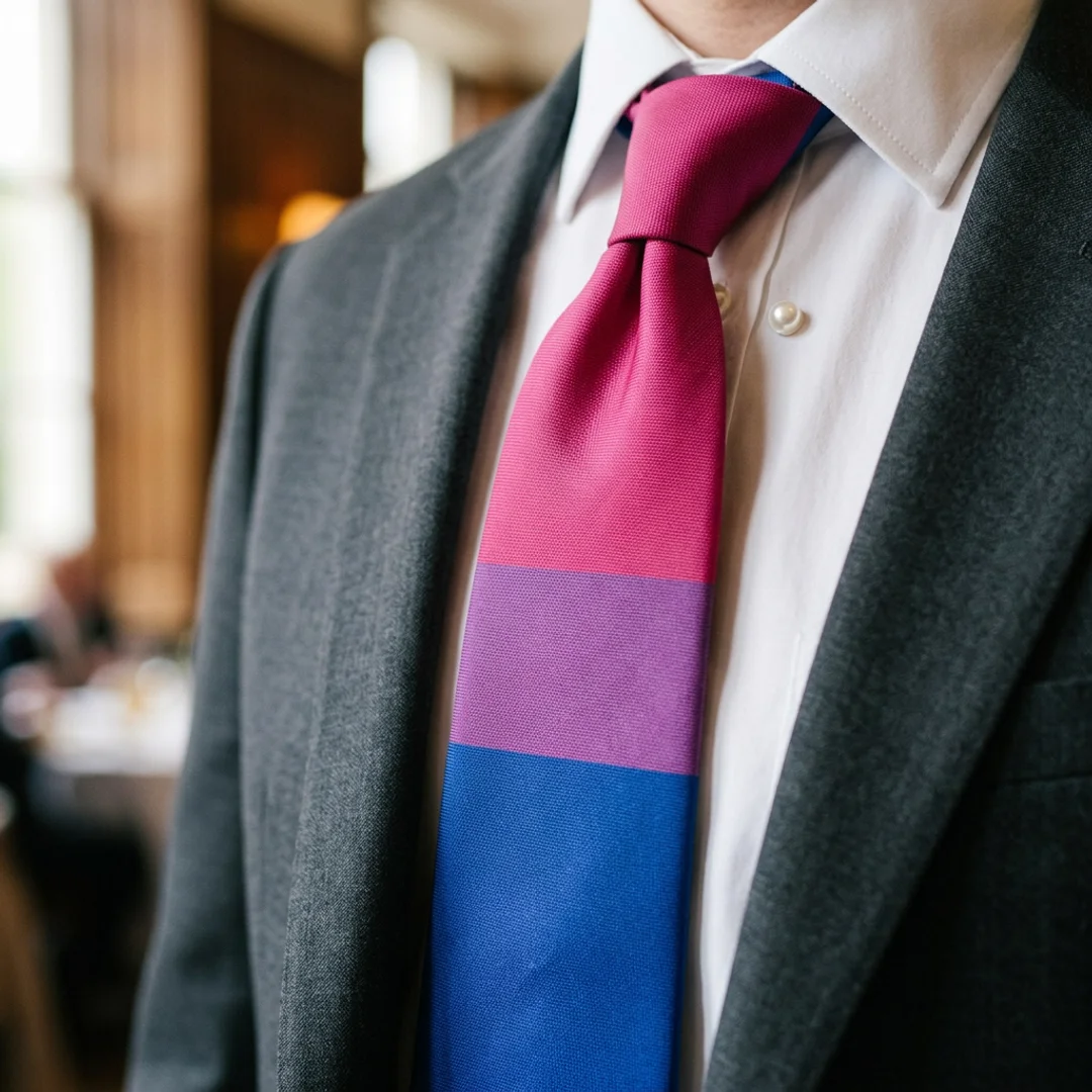 Bisexual flag necktie showing pink, purple, and blue horizontal stripes