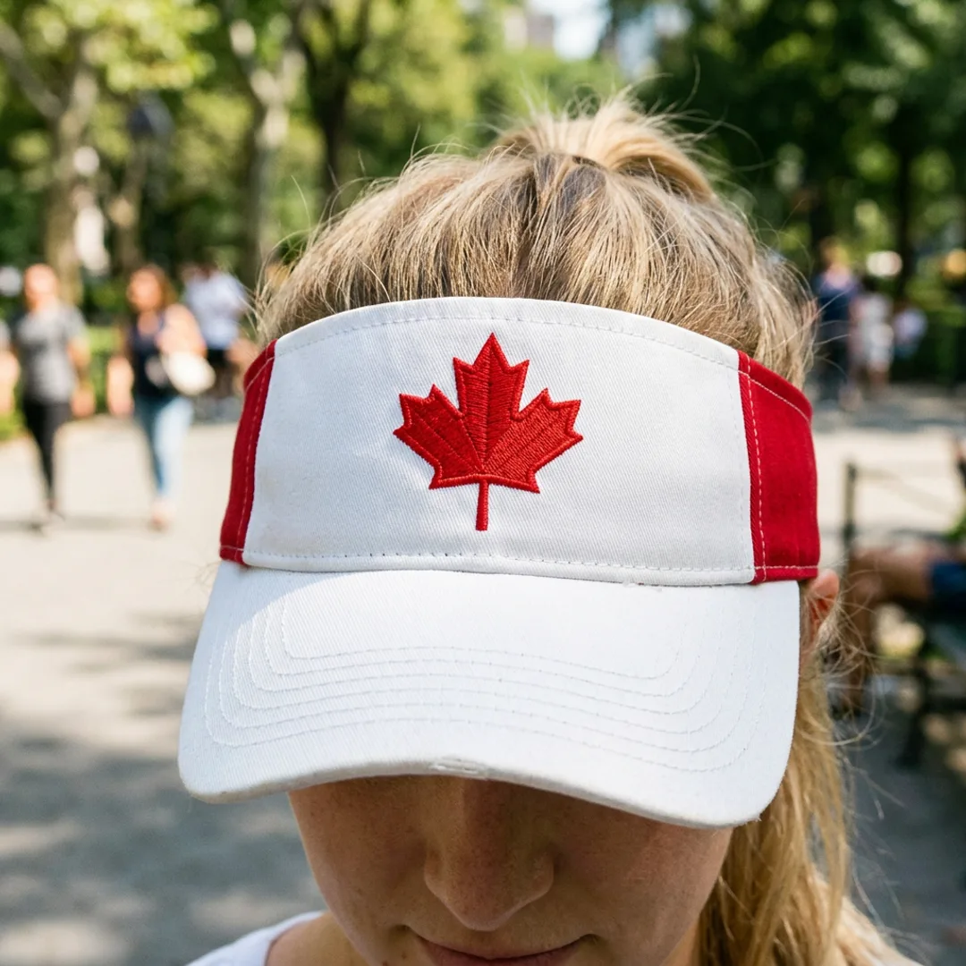 Canada maple leaf visor with red maple leaf on white front panel and red sides