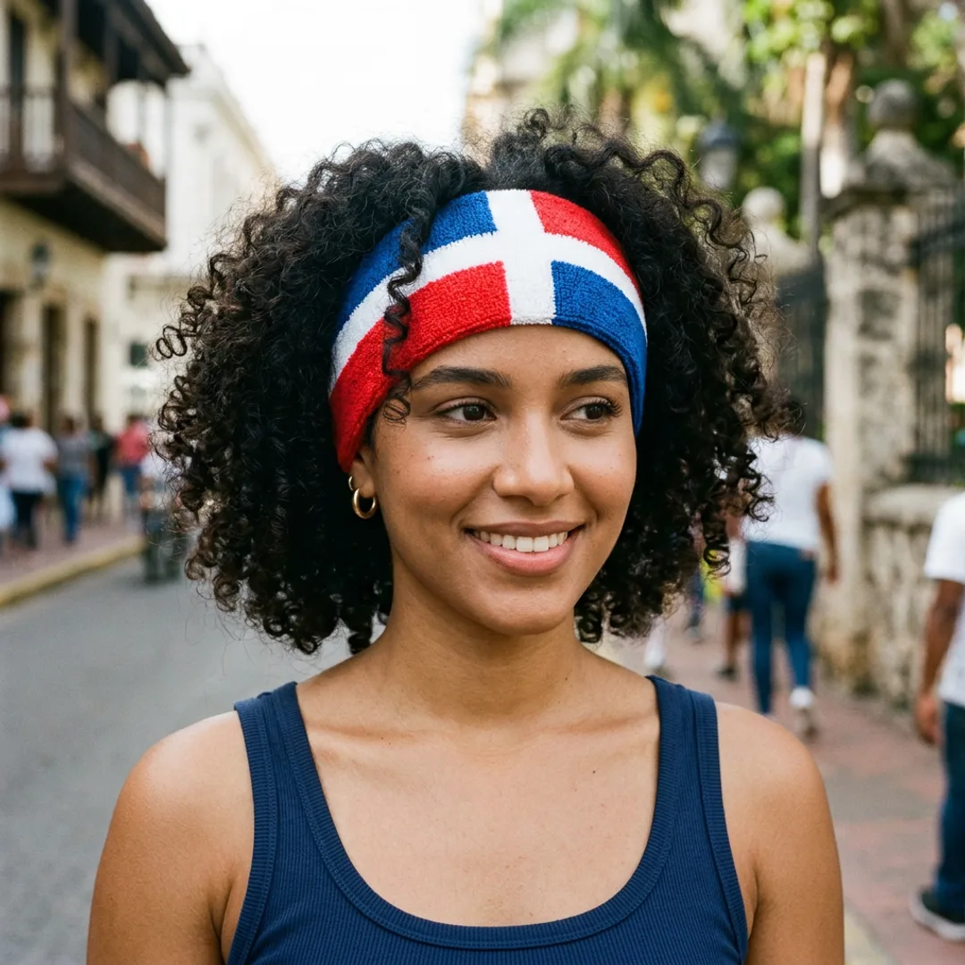 Dominican Republic flag headband with blue and red quarters and white cross