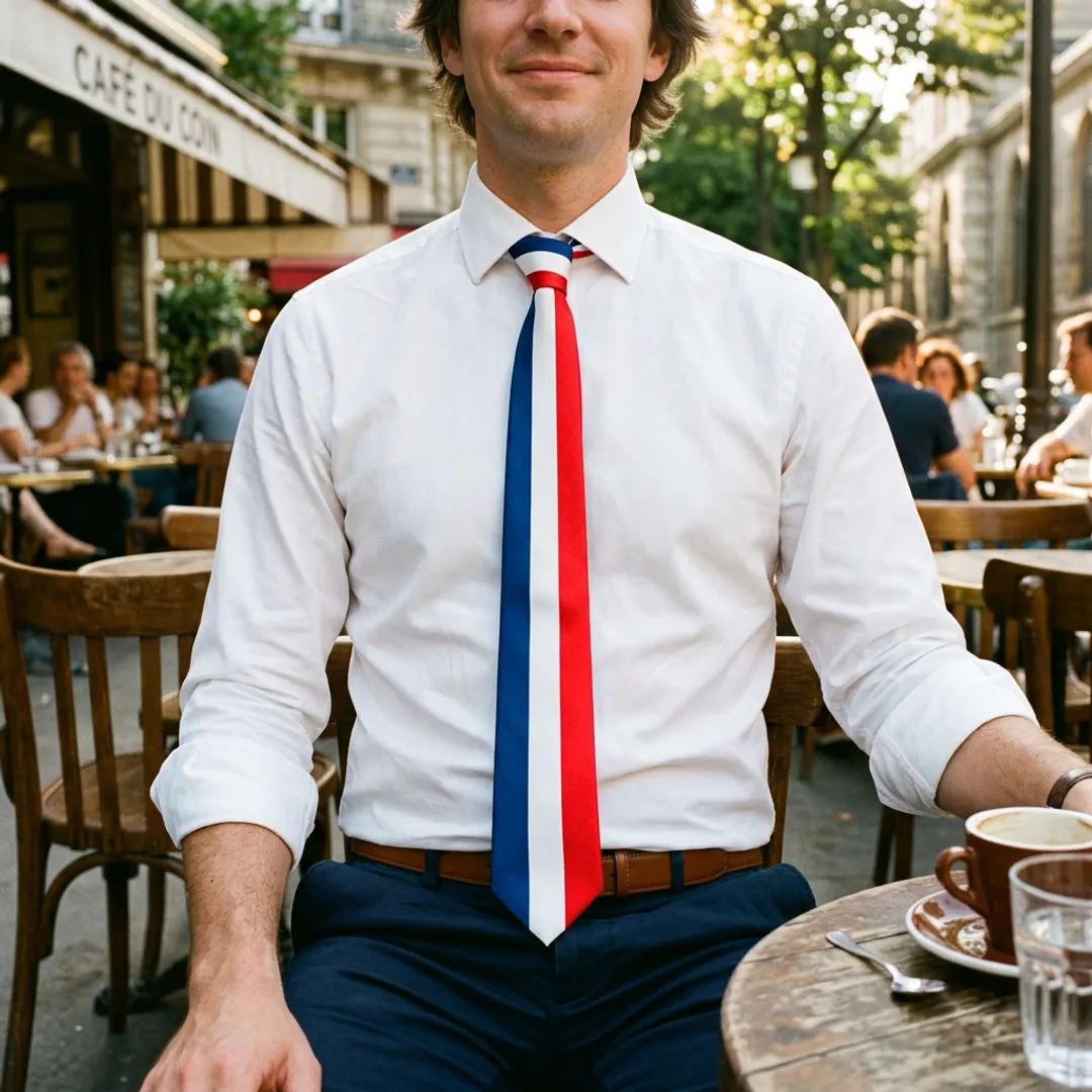 France tricolor necktie with vertical blue, white, and red bands