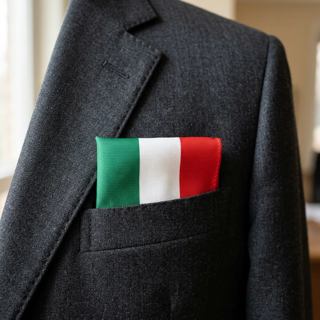 Italy flag pocket square with vertical green, white, and red bands in a presidential fold