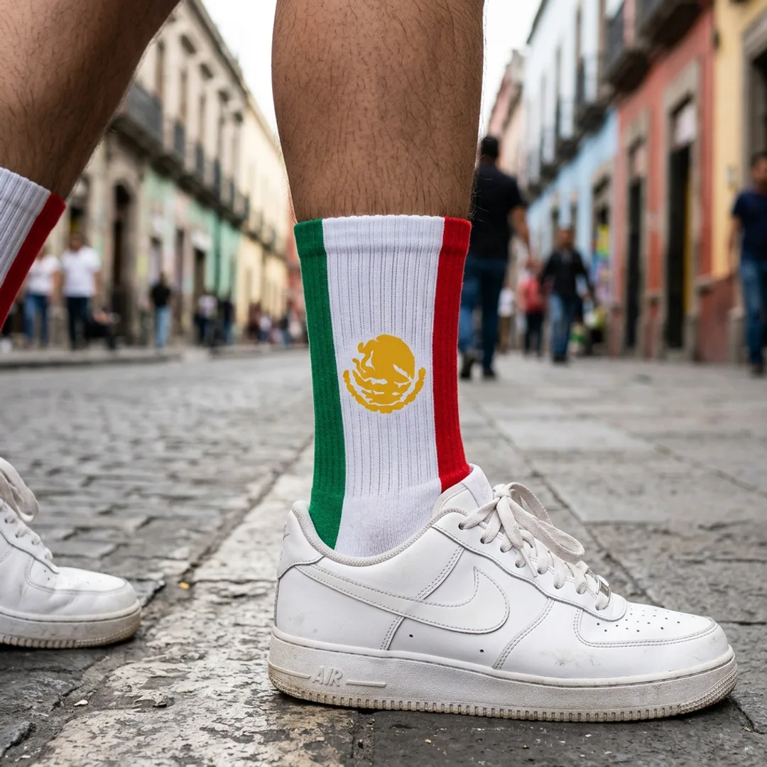 Mexico flag crew socks with green, white, and red vertical bands and eagle silhouette