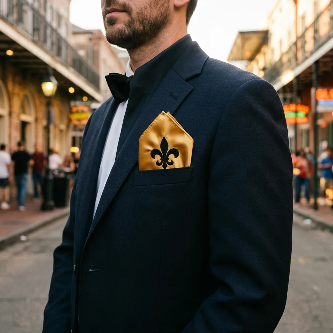 New Orleans fleur-de-lis pocket square in gold with black centered motif