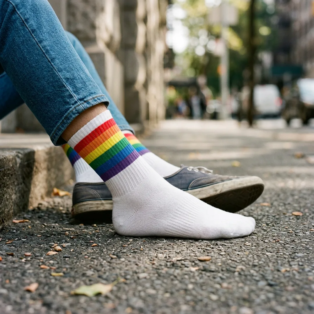 Queer pride flag crew socks showing classic six-stripe rainbow