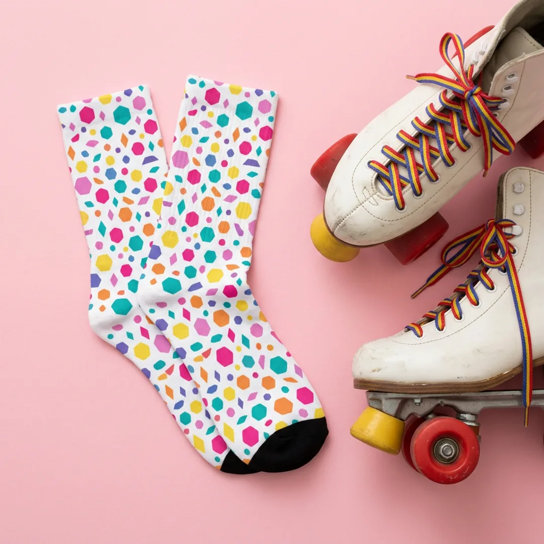 Retro skating rink floor patterned crew socks in multicolor terrazzo