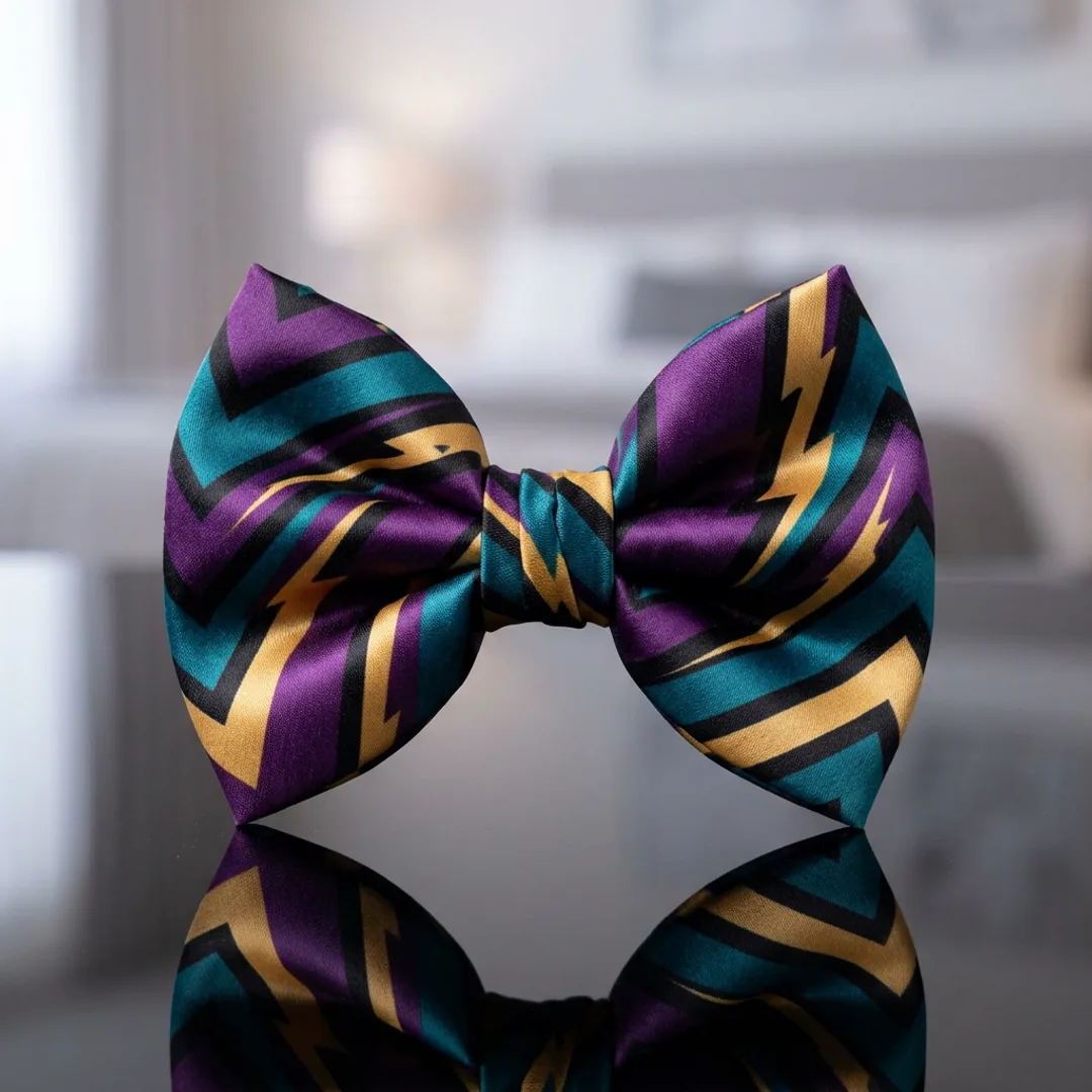 Retro 90s sports pattern satin bow in purple, teal, gold, and black zigzags