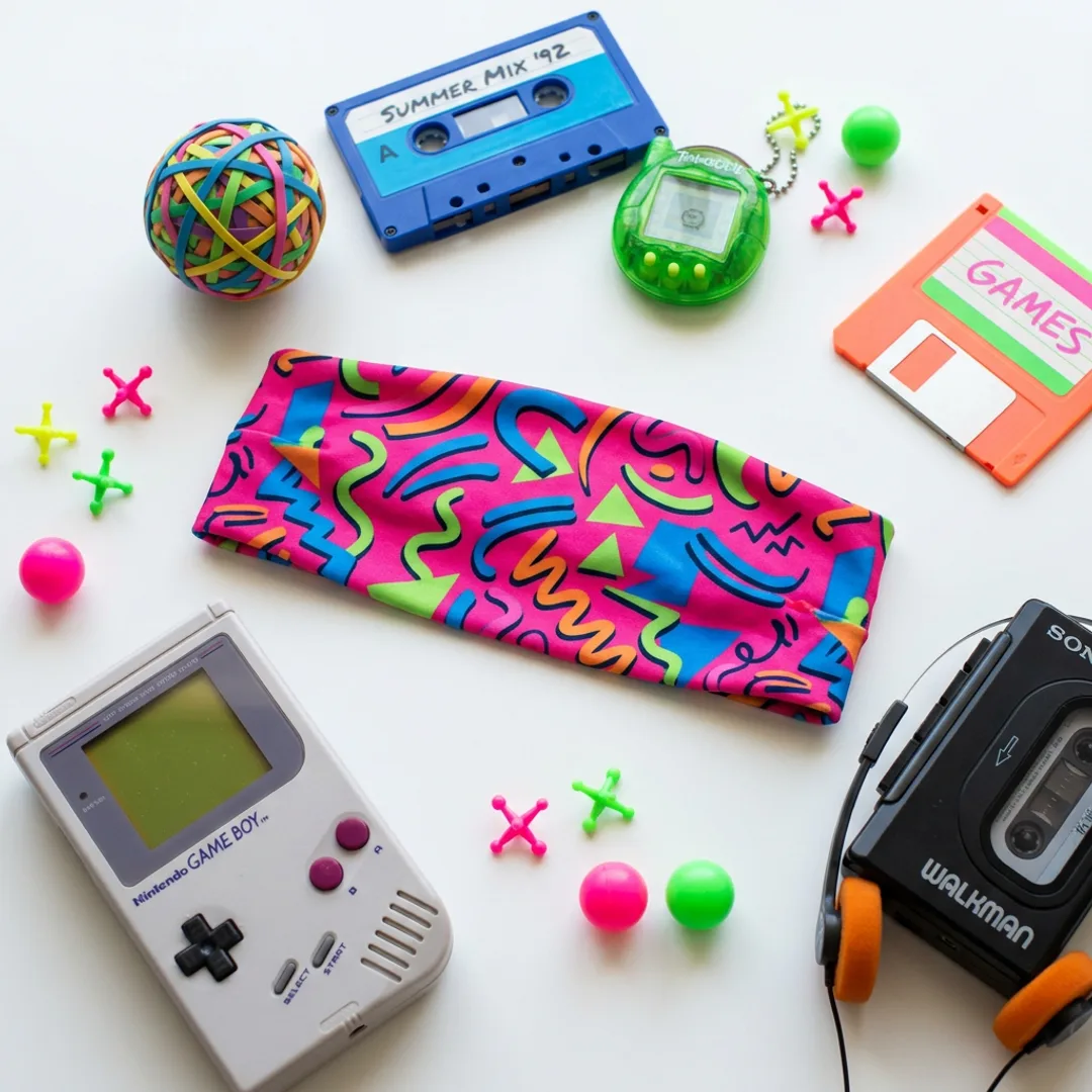 90s squiggly Memphis pattern headband in pink, blue, lime, and orange