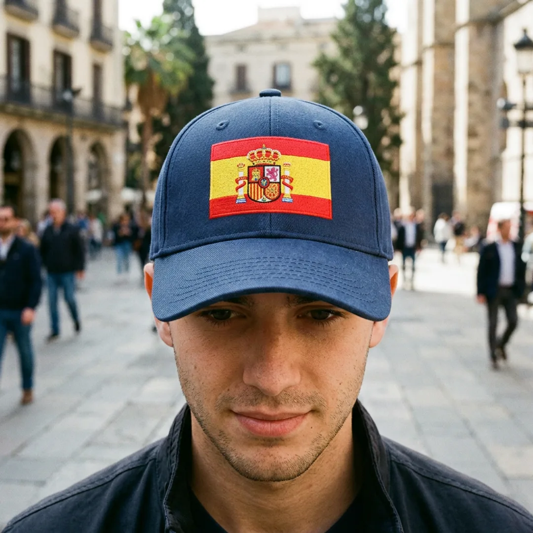 Spain flag embroidered cap with red and yellow stripes and simplified royal shield