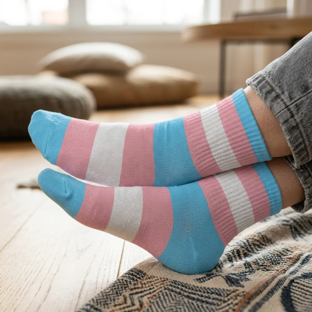 Transgender flag crew socks showing light blue, pink, and white stripes